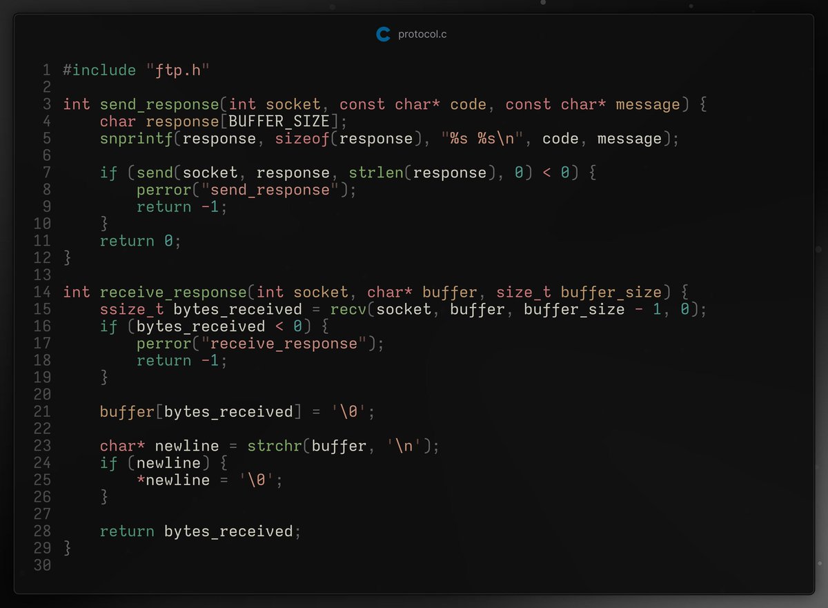 _trish_xD's tweet image. Built a simple FTP server/client in C

Features:
- Upload / Download files
- Easy commands: ls, get, put, quit

Learn how sockets transfer files across a network