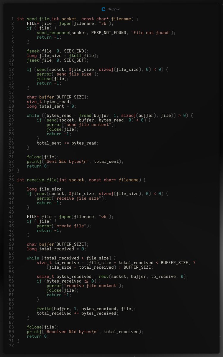 _trish_xD's tweet image. Built a simple FTP server/client in C

Features:
- Upload / Download files
- Easy commands: ls, get, put, quit

Learn how sockets transfer files across a network