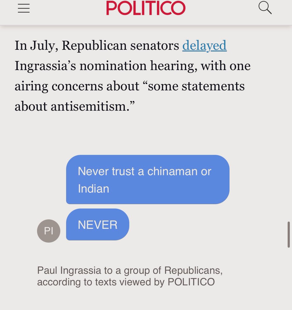 KaivanShroff's tweet image. BREAKING: new racist Republican groupchat has been leaked to Politico featuring texts from Paul Ingrassia, Trump’s nominee to lead the Office of Special Counsel.

Ingrassia’s texts include vile pro-Nazi &amp;amp; racist messages targeting Black people, Chinese people, and Indian people.