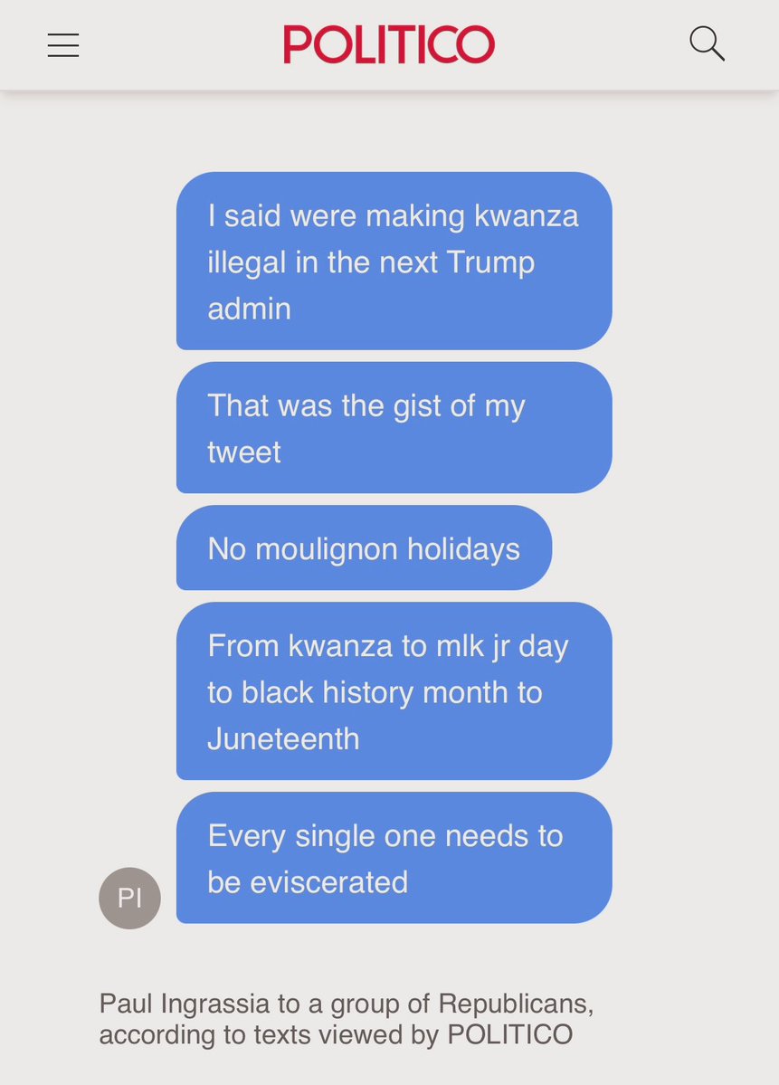 KaivanShroff's tweet image. BREAKING: new racist Republican groupchat has been leaked to Politico featuring texts from Paul Ingrassia, Trump’s nominee to lead the Office of Special Counsel.

Ingrassia’s texts include vile pro-Nazi &amp;amp; racist messages targeting Black people, Chinese people, and Indian people.