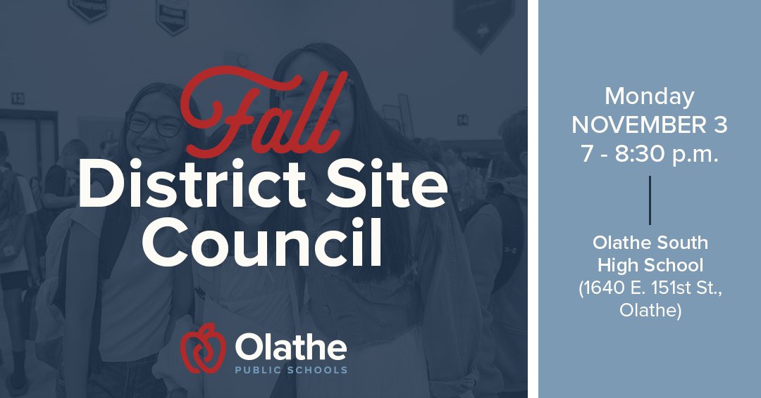 olatheschools's tweet photo. 📅 Mark your calendar! We’re hosting our Fall District Site Council on Monday, Nov. 3 from 7-8:30 p.m. at Olathe South High School (1640 E. 151st Street, Olathe).

📝 Come hear how Olathe Public Schools is planning for the future - including updates on a potential 2026 bond, shaping the next strategic plan, and possible changes to middle school electives.

🍎 All patrons of Olathe Public Schools are invited. We hope to see you there! #OPSGrowHere