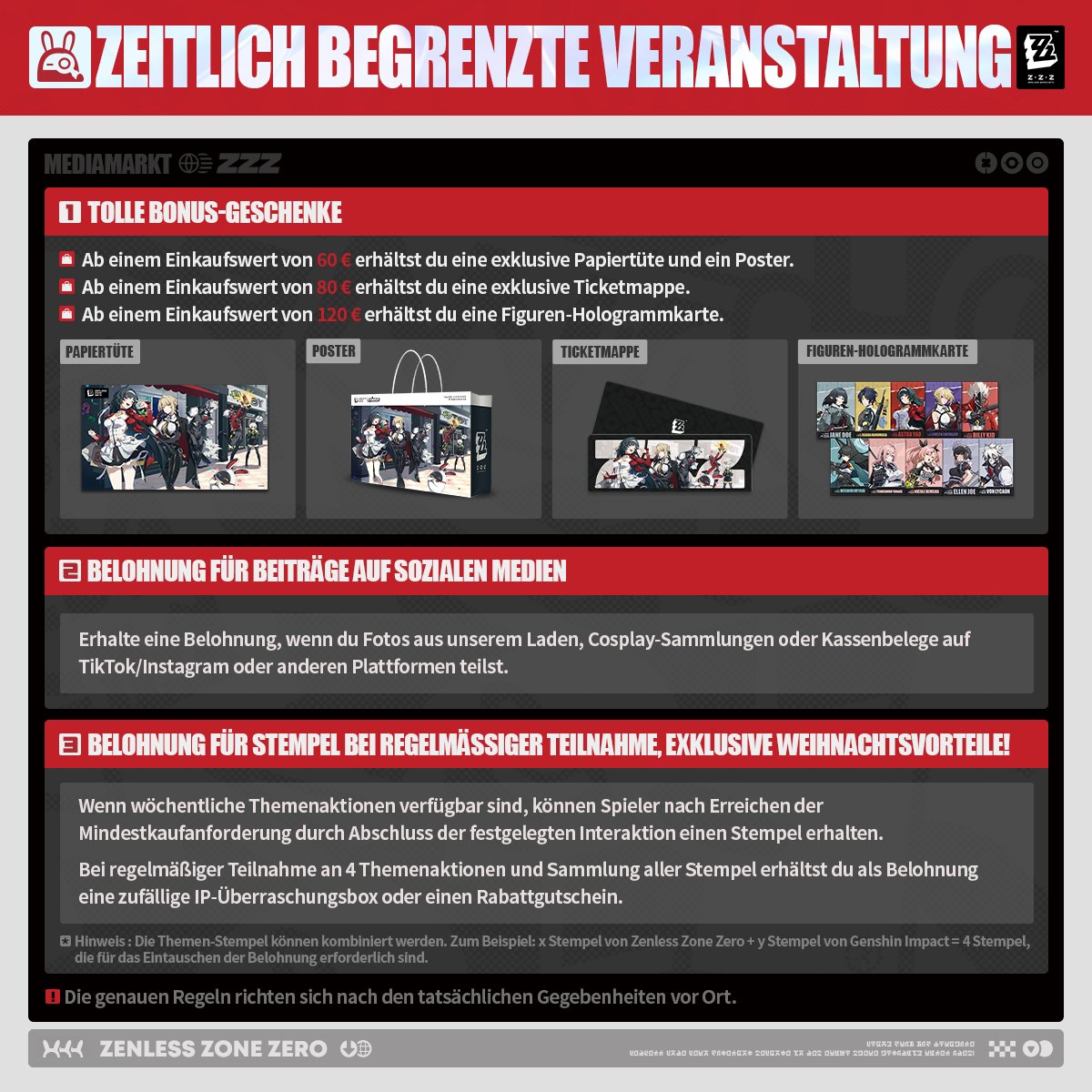 Der Pop-up-Store von Zenless Zone Zero erobert Berlin! Exklusive Fan-Artikel und Geschenke beim Einkauf erwarten euch!

Liebe Proxys! Wir haben aufregende Neuigkeiten zu verkünden!
Zenless Zone Zero veranstaltet eine exklusive Pop-up-Store-Aktion mit Fan-Artikeln im MediaMarkt in