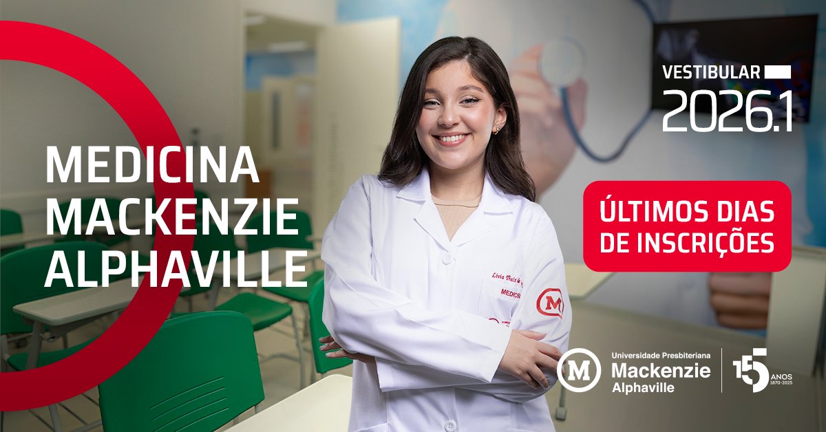 A contagem regressiva começou!
As inscrições para o Vestibular de Medicina Mackenzie estão terminando. Não deixe para a última hora! Clique no link bit.ly/47ArJ3i e garanta sua vaga no processo seletivo.
#medicinamackenzie #futuromédico #vestibular2026