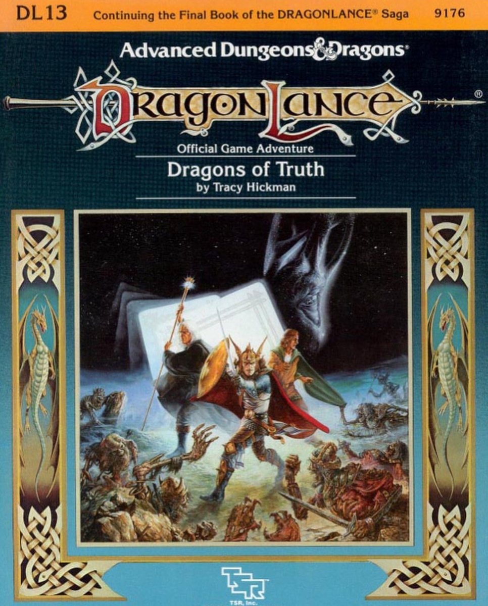 DL13, Dragons of Truth, from the 1986 TSR series of Dragonlance modules. Written by Tracy Hickman, with cover art by Jeff Easley, and interior illustrations by Diana Magnuson. Although Clyde Caldwell was credited with the cover art, it is actually a Jeff Easley painting. In