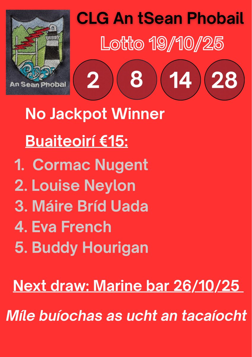 Lotto - 19/10/25
Torthaí Lotto na hoíche aréir: 2, 8, 14, 28.
Ní raibh aon bhuaiteoir ar Jackpot na seachtaine seo. 
Míle buíochas as ucht bhur dtacaíocht.