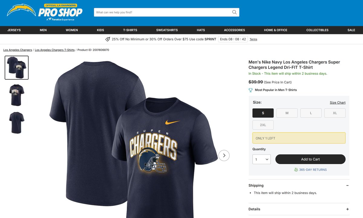 Just absolutely-wonderful in-stock prep for "Super Chargers" Week, <a href="/Fanatics/">Fanatics</a>. One small left in-stock and all the other sizes GONE. Please be back in-stock on it by Week 13, okay?! Sheesh. 
#Chargers #SuperChargers #OurWay #BoltUp