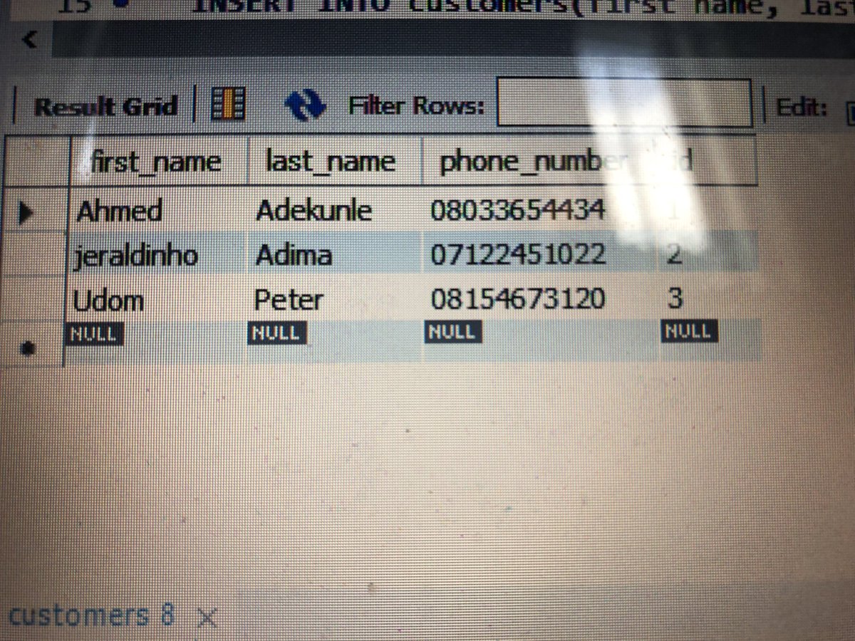 goldmehda01's tweet image. Making adjustments to your columns can be executed by writing this simple queries.
UPDATE TABLE table_names
SET column_name = ‘corrected_column’
WHERE = filtered the corrected column specifically.
MySQLWorkbench.🙏