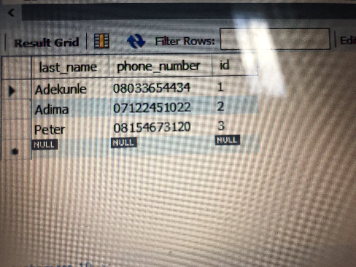 goldmehda01's tweet image. Making adjustments to your columns can be executed by writing this simple queries.
UPDATE TABLE table_names
SET column_name = ‘corrected_column’
WHERE = filtered the corrected column specifically.
MySQLWorkbench.🙏