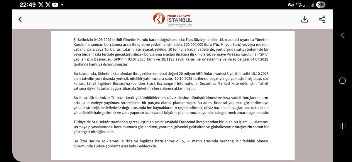 #KONTR 
📢20 Mio USD - 3 yıllık tahvil ihracı gerçekleştirerek;
✅️Borçlar dövize dönecek
✅️K.V.borçlar orta/uzun vadeye dönüşecek
✅️Vade yapısını u.v. büyüme politikası ile uyumlu hale getirecek

Bedelli sermaye artırımı rafa kalktı denebilir mi acaba🤔