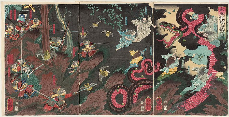 JapanTraCul's tweet photo. Scene of Yakeyama Pass in the Taiheiki, by Utagawa Yoshitsuya, 1861 https://t.co/TBWqayfIuh