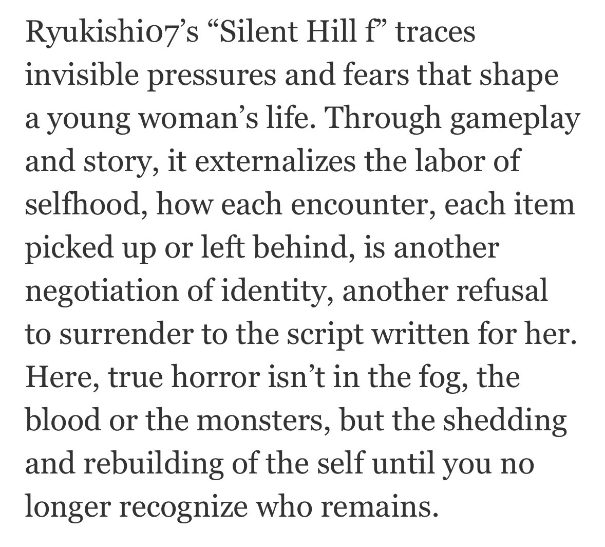 Silent Hill f is brilliant because of how it ties gameplay design into its themes and narrative, yes, including the nonstop combat encounters at the end of it. this is my critical breakdown of those parts. 

i had a lot of fun writing this. 

washingtonpost.com/entertainment/…