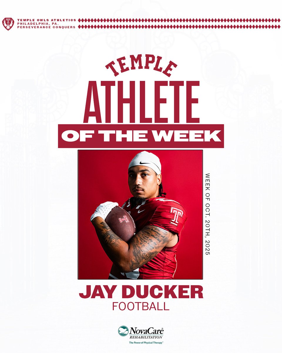 𝑫𝒖𝒄𝒌, 𝒅𝒖𝒄𝒌… 𝒕𝒐𝒖𝒄𝒉𝒅𝒐𝒘𝒏. 🦆

Our student athlete of the week is football’s Jay Ducker ‼️

Jay Ducker continued his spectacular season this weekend against the Charlotte 49ers. He rushed for 114 yards and one touchdown in Temple’s 49-14 win over Charlotte. He had 9