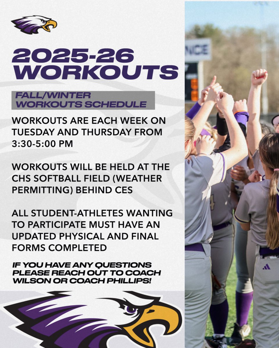 CvilleSB's tweet photo. Lady Eagle Softball Workouts begin tomorrow at 3:30pm! Please make sure if you are attending to have an updated physical as well as Final Forms completed! https://t.co/U3gAlnQHth