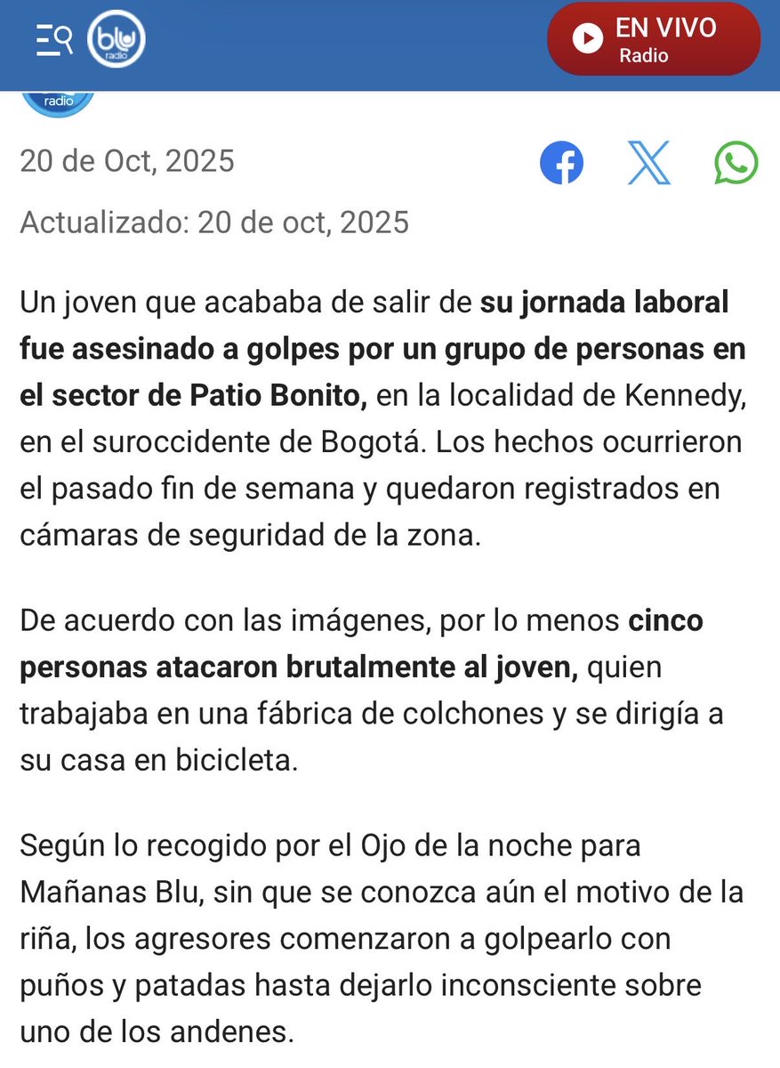 #BogotáNoCaminaSegura Un joven que acababa de salir de su trabajo  atacado por al menos cinco personas en el sector de Patio Bonito, en Kennedy. Las cámaras de seguridad registraron cómo lo golpearon hasta dejarlo inconsciente; murió en el lugar debido a la gravedad de las