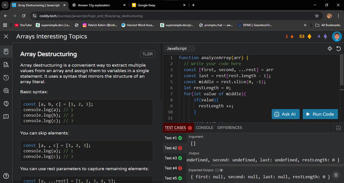 SirKelvthedev_'s tweet image. ALso today doing some exercises on @coddy_tech platform. i looked at some advanced array topics such as destructuring and using the spread operator as well. lets keep it going. #LearnToCode