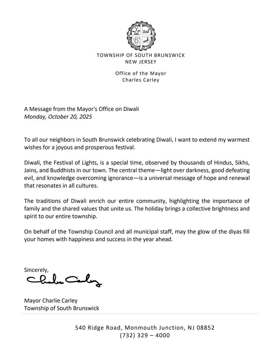 ✨ Mayor Charlie Carley sends warm wishes to all celebrating Diwali in South Brunswick!🌟