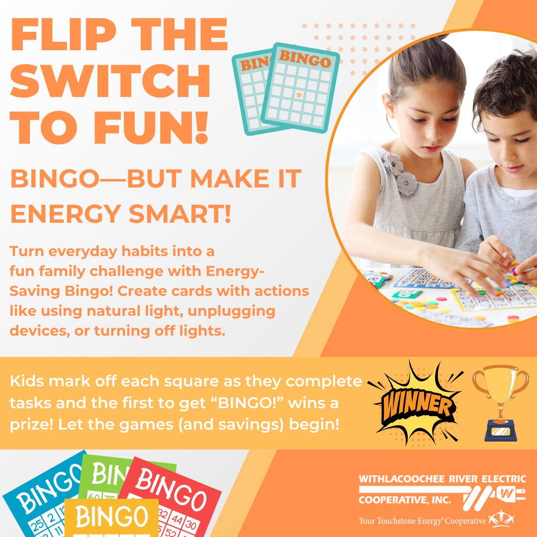 WRECCoop's tweet image. Ready to play your way to energy savings? Try Energy-Saving Bingo with the kids!

Fill your bingo cards with simple tasks like turning off lights, unplugging chargers, etc.

It’s fun, it’s educational, &amp;amp; it helps the whole family build smart energy habits. #wreccoop