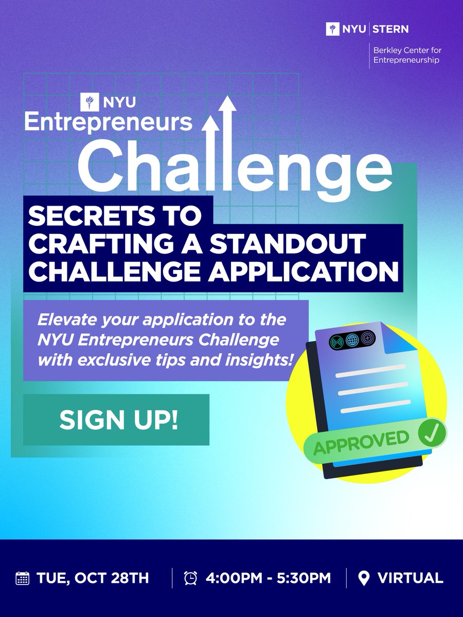 Applications are open for the NYU Entrepreneurs Challenge 🚀 Learn how to make your application for NYU's premier venture competition stand out special workshop covering tips and insights into the process.

Don't miss this virtual session on 10/28: luma.com/uthyuzf6