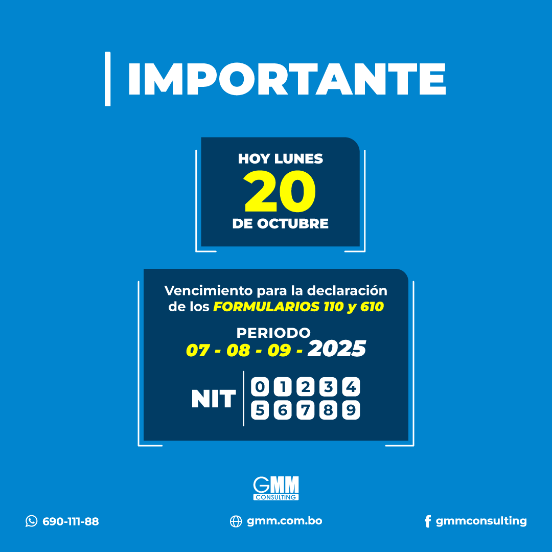 gmmconsulting's tweet photo. #HOY Vencimiento #trimestrales formulario 610 y 110
Julio, Agosto y Septiembre
🔎 Necesitas contador?
👉 Comunicate 📲 690-111-88 https://t.co/9YukKj5KBC

#IVA #IT #gmm #siat #ImpuestosNacionales #rcv #gmmconsulting #contador #contabilidad #auditoria https://t.co/N8oAZ9BYJH