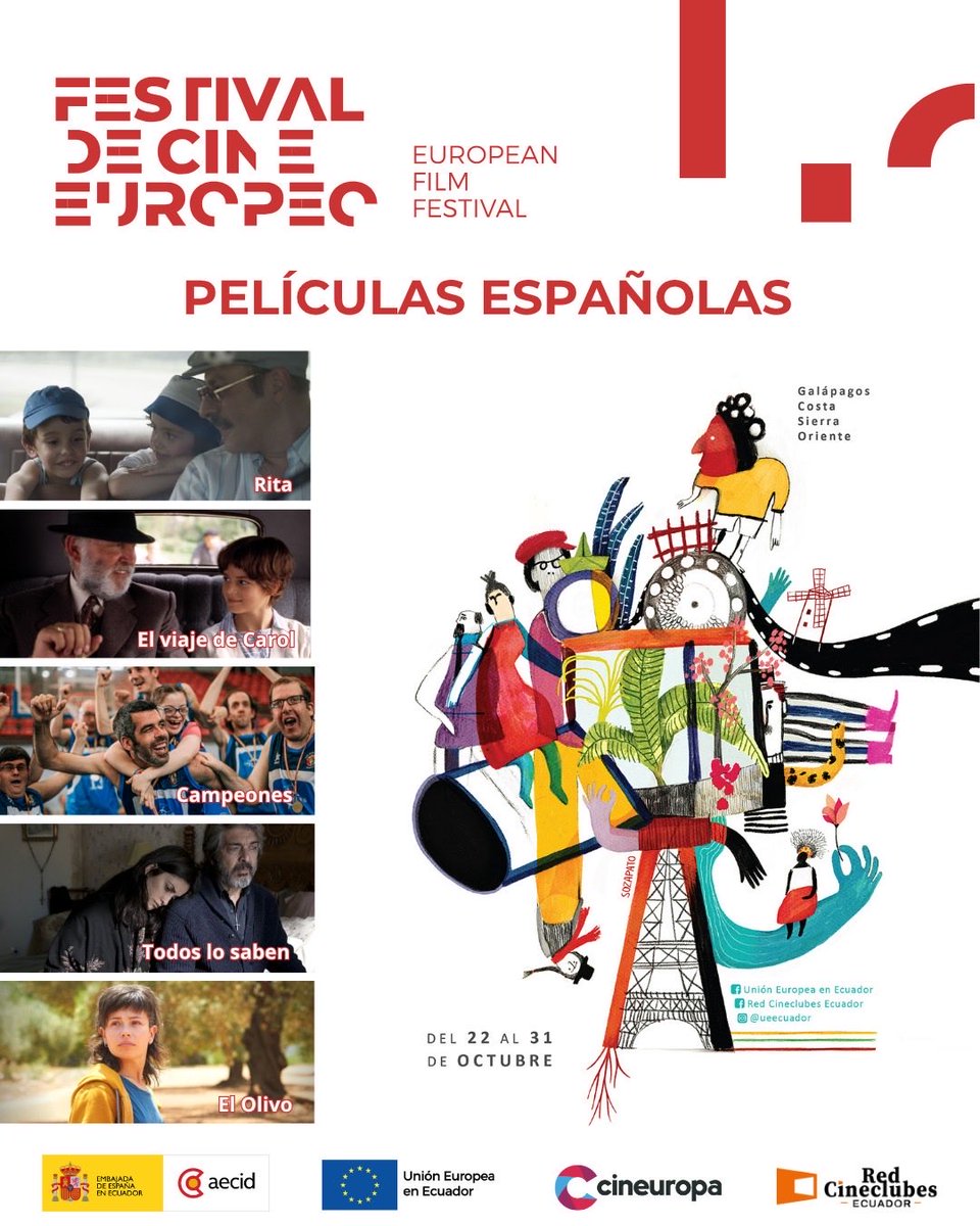 🎬El Festival de Cine🇪🇺 llega a Ecuador, del 22 al 31 octubre: con 5️⃣ películas🇪🇸(Rita, El viaje de Carol, Campeones, Todos lo saben y El olivo) en 22 proyecciones por el país, todas gratuitas.
Cartelera ➡️acortar.link/oG98Hw 
Junto con <a href="/UEenEcuador/">UE en Ecuador 🇪🇺</a> y @redcineclubesecuador
