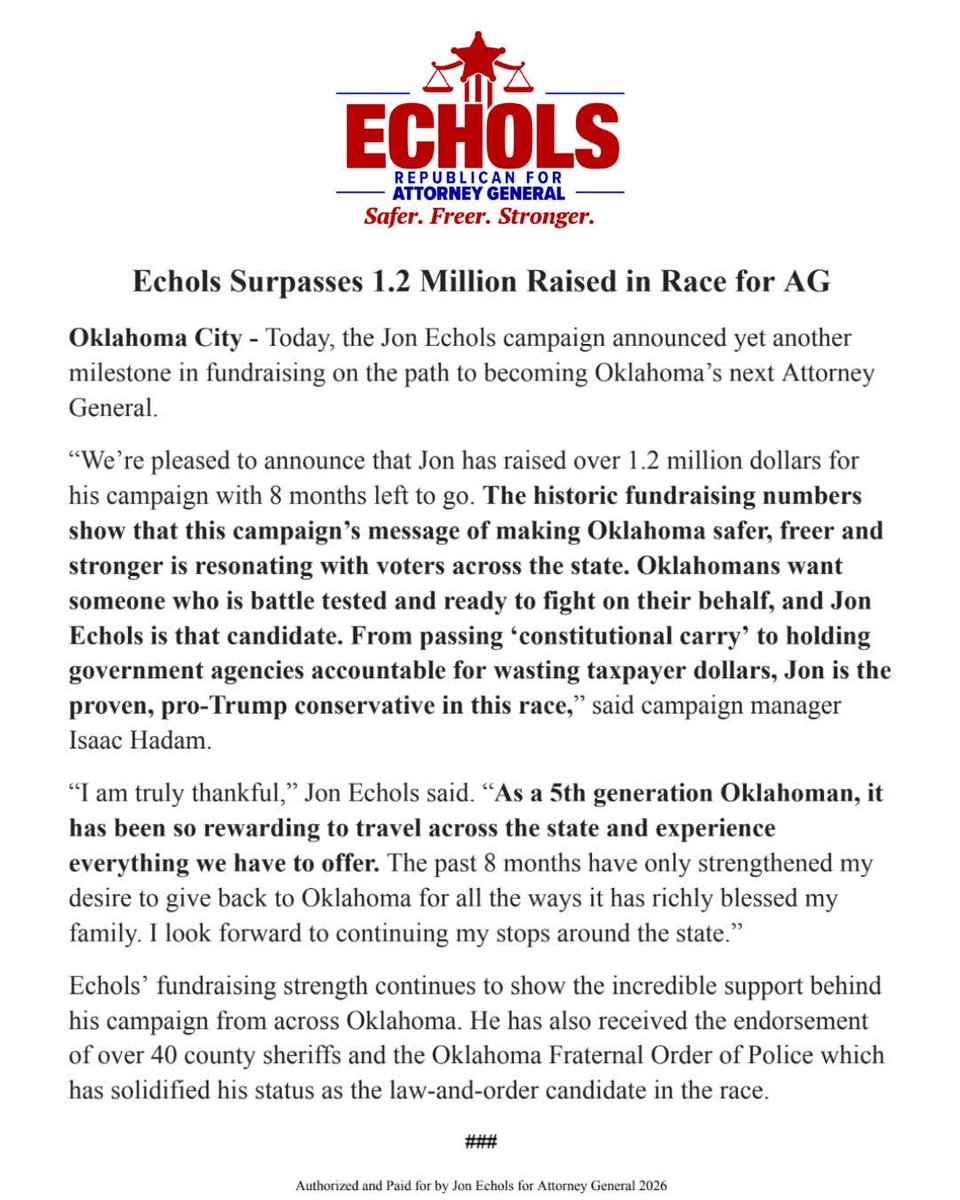 We have surpassed an astounding $1.2 million in the race for Attorney General, which is an incredibly strong show of support. Thank you so much for the incredible support! We are going to keep working hard every day to win this race.