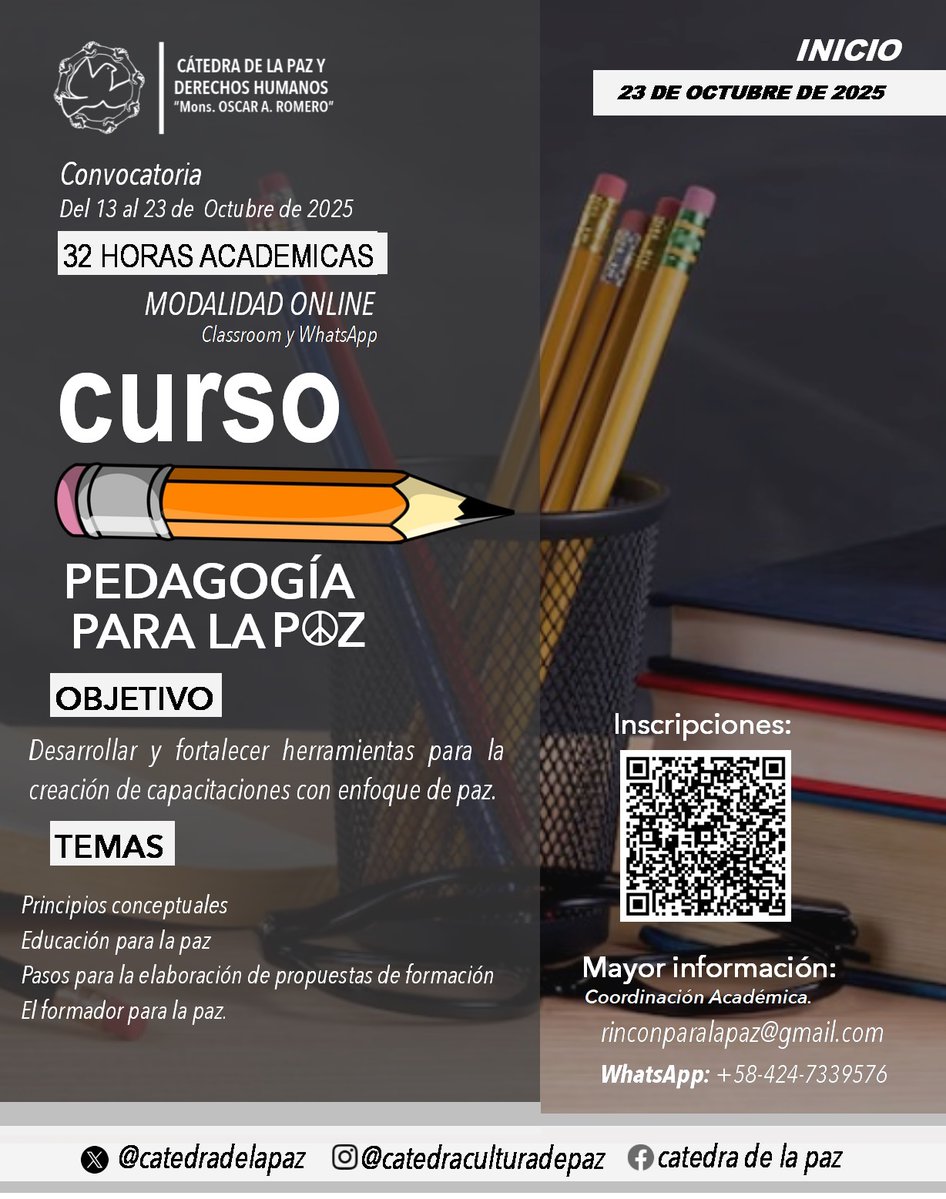catedradelapaz's tweet image. Curso Virtual Pedagogía para la Paz. Desarrolla y fortalece herramientas para la creación de capacitaciones con enfoque de paz.
Modalidad Online: por medio de Classroom y WhatsApp
Link para inscribirse forms.gle/YgQCYjfViV8W1Z…