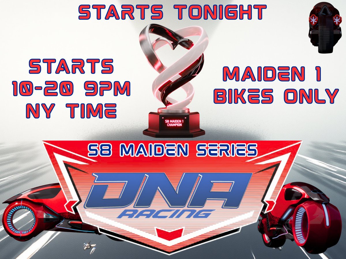 S8 DNA Maiden Season begins tonight we are starting out with bike racing, race you futuristic bike into the future to qualify for the DNA Grand Maiden at the end of the season. Dont Miss DNA Racing's Season 8 NFT racing.
Want to get started and compete in the tourney shoot me a