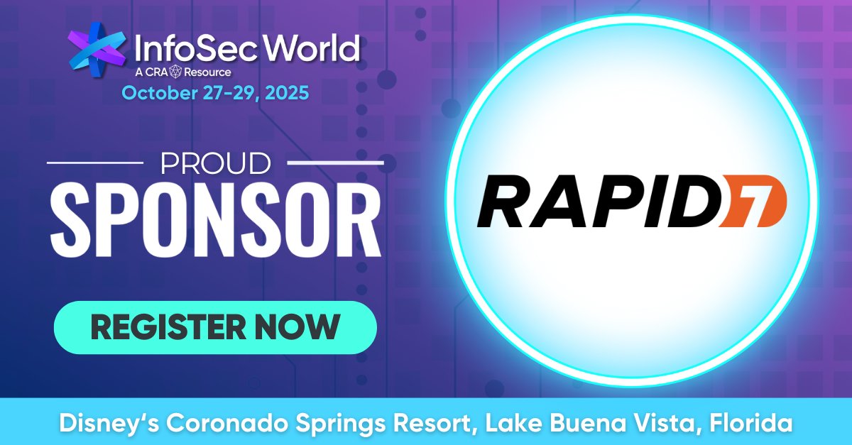 #InfoSecWorld Sponsor: Rapid7

Rapid7 is helping create a more secure digital future by empowering organizations to manage risk, eliminate threats, and stay ahead of attackers.

Register: bit.ly/3WfCstC

#CRAEvents #InfoSecWorld2025