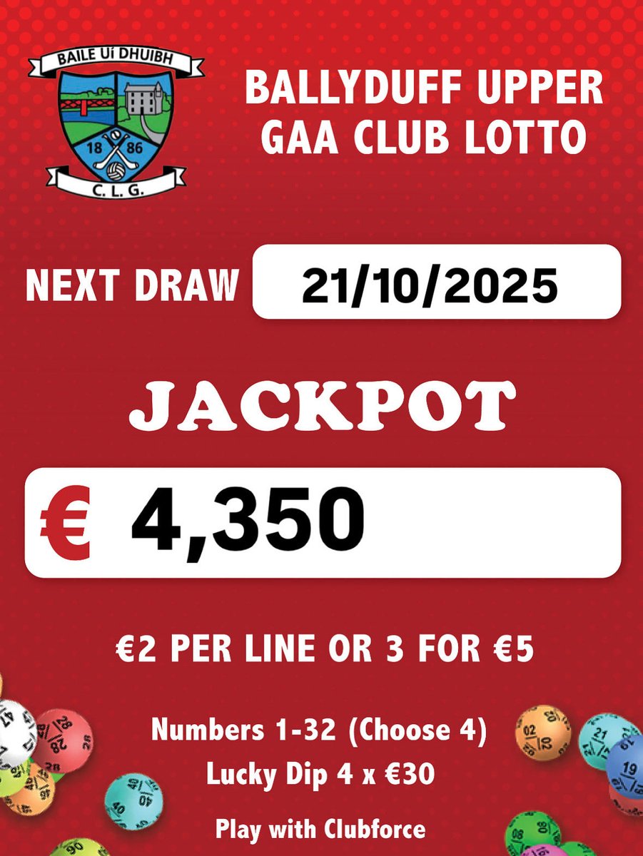 Fancy winning €4,350? 

Get your tickets at the link below. ⬇️

play.clubforce.com/play_newa.asp?…

Purchase your ticket before 9pm Tuesday to be entered in the draw. ⏳