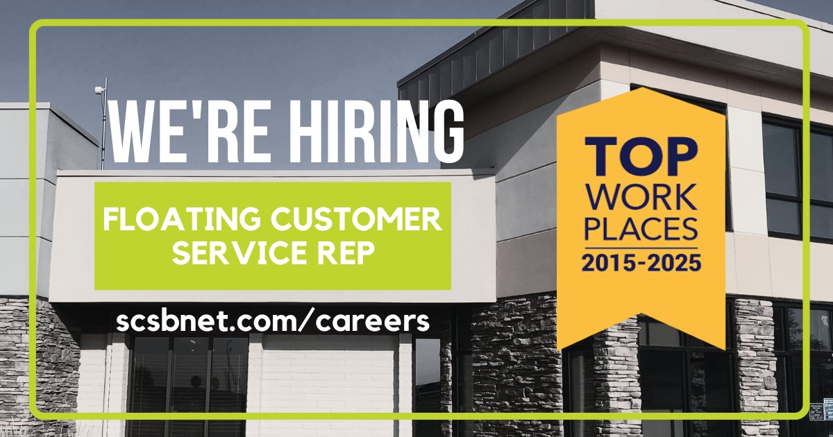 SCSBnet's tweet image. NOW HIRING a FLOATING CUSTOMER SERVICE REPRESENTATIVE. A full job description, list of benefits &amp;amp; application can be found at: scsbnet.com/careers
SCSB has been named an Iowa Top Workplace for the past 11 years!
Member FDIC | Equal Opportunity Employer