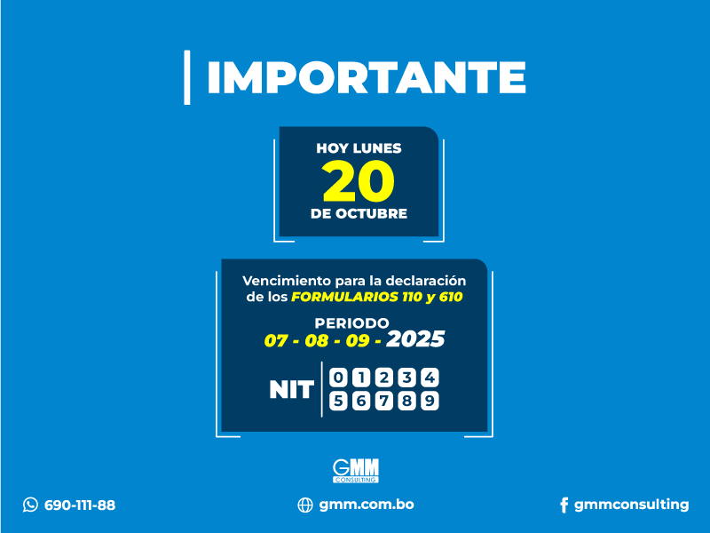 gmmconsulting's tweet photo. #HOY Vencimiento #trimestrales formulario 610 y 110
Julio, Agosto y Septiembre
🔎 Necesitas contador?
👉 Comunicate 📲 690-111-88 https://t.co/9YukKj5KBC

#IVA #IT #gmm #siat #ImpuestosNacionales #rcv #gmmconsulting #contador #contabilidad #auditoria https://t.co/2FI9Xp4YX8