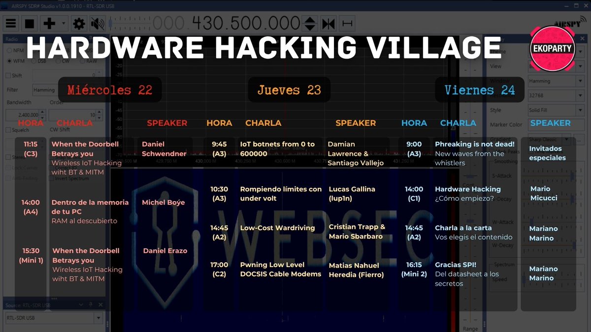 _websec's tweet image. Este miércoles inicia la @ekoparty, y ya tenemos el cronograma de la #Hardware #Hacking Village. No se pierdan la oportunidad, platicar, resolver dudas, y aprender de la mano de uno de nuestros mejores expertos @MarianoIT💪📡🔧 #FaultInjection #FlipperZero #Reversing