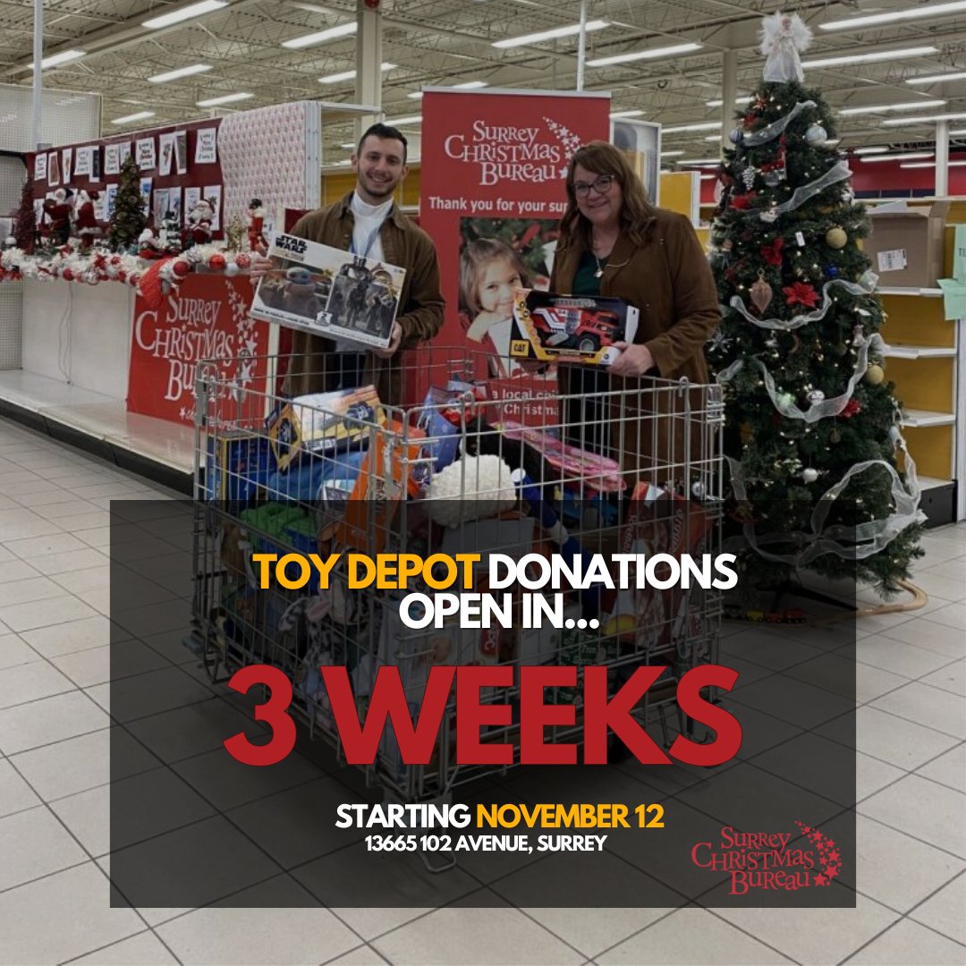 🎁 It’s almost time!

Toy Depot donations open Nov 12 🎉

Bring holiday joy to local families by dropping off new, unwrapped toys at: 

📍 13665 102 Ave, Surrey (former Canadian Tire).

#ToyDepot #HolidayGiving #SurreyBC #AdoptAFamily