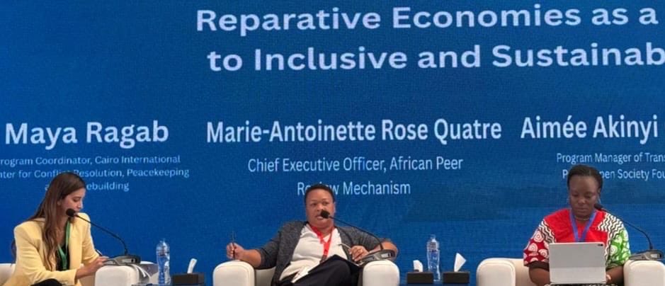 At the Fifth <a href="/AswanForum/">Aswan Forum</a> for Sustainable Peace and Development, APRM CEO Amb. <a href="/APRM_MarieRose/">Amb. Marie-Antoinette Rose Quatre</a>  joined a Spotlight Session on “Reparative Economies: A Pathway to Inclusive and Sustainable Peace,” held in collaboration with <a href="/OpenSociety/">Open Society Foundations</a>.

“𝘛𝘩𝘦 𝘯𝘰𝘵𝘪𝘰𝘯 𝘰𝘧