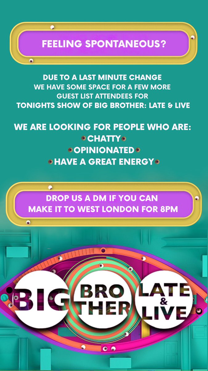 Feeing spontaneous? We have some space for a few more Guest List attendees for Big Brother Late &amp; Live this week! We are looking for chatty, opinionated people with great energy! Use Promo Code: CHAT when applying only <a href="/applausestore/">Test</a>.com