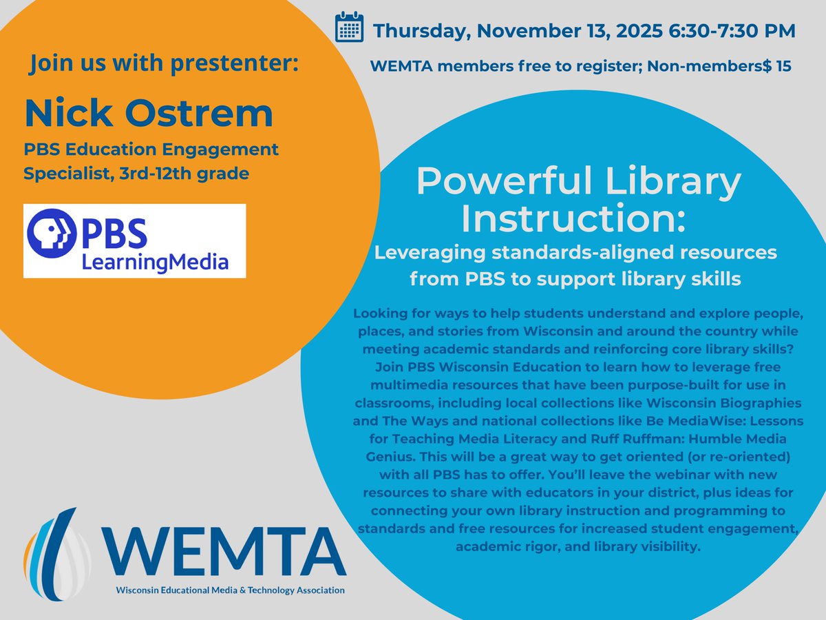 WEMTAOnline's tweet image. 📣 Registration is Now OPEN for the November WEMTA Professional Development Webinar Series!

✅ Free for WEMTA Members
💻 $15 for Non-Members
📍 Online | Open to all
📅 Save your spot today!

🔗 Register now: wemta.wildapricot.org/event-6400530

#WEMTA #LibraryWebinar #SchoolLibrarians