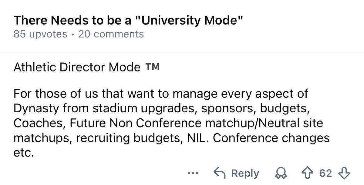 this is such a good idea for the College Football video game series 

I’m not sure how niche the interest for this would be, but I’d make the game feel fresh again