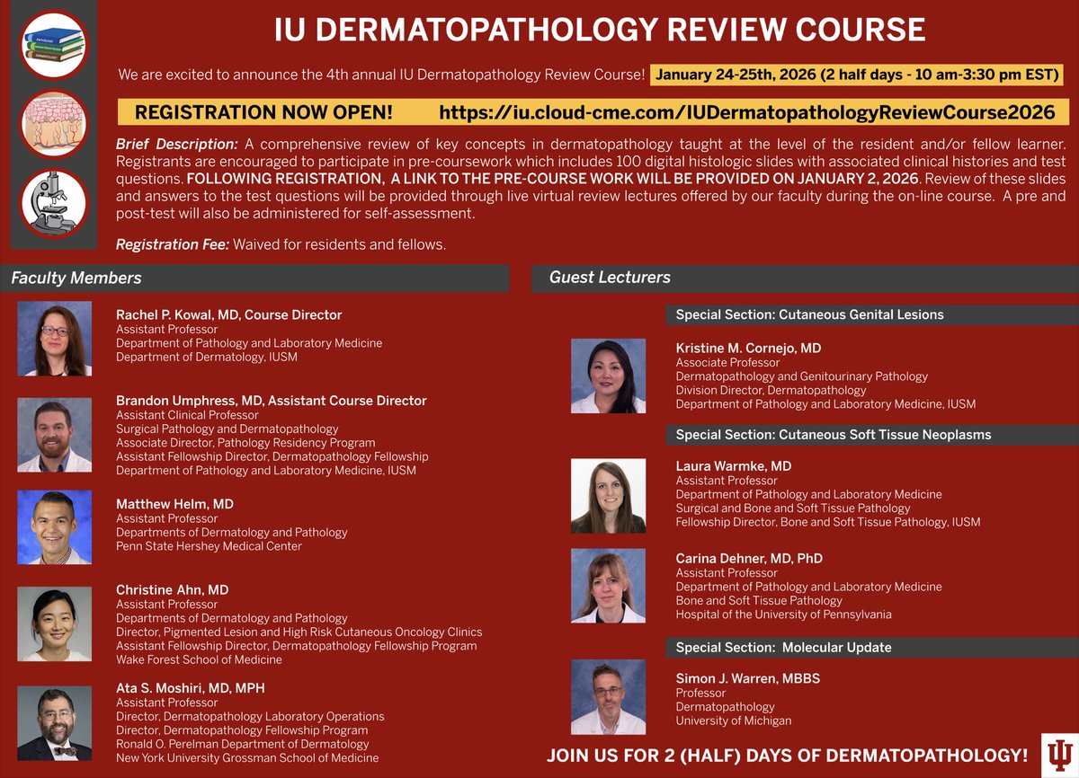 Katrina Collins, MD || Pathologist (@katcollmd) on Twitter photo Join us for the 4th Annual IU Dermatopathology Review Courseย โinteractive, case-based, expert-led! #dermpath <a href="/iupathology/">IUPathology</a> <a href="/carina_dehner/">Carina Dehner, MD PhD</a> <a href="/BUmphressMD/">Brandon Umphress, MD</a> <a href="/KMCornejoMD/">Kristine M Cornejo MD</a>
๐ Jan 24โ25, 2026
๐ป Virtual
๐ Free for trainees
Register now: iu.cloud-cme.com/IUDermatopathoโฆ Join us for the 4th Annual IU Dermatopathology Review Courseย โinteractive, case-based, expert-led! #dermpath <a href="/iupathology/">IUPathology</a> <a href="/carina_dehner/">Carina Dehner, MD PhD</a> <a href="/BUmphressMD/">Brandon Umphress, MD</a> <a href="/KMCornejoMD/">Kristine M Cornejo MD</a>
๐ Jan 24โ25, 2026
๐ป Virtual
๐ Free for trainees
Register now: iu.cloud-cme.com/IUDermatopathoโฆ