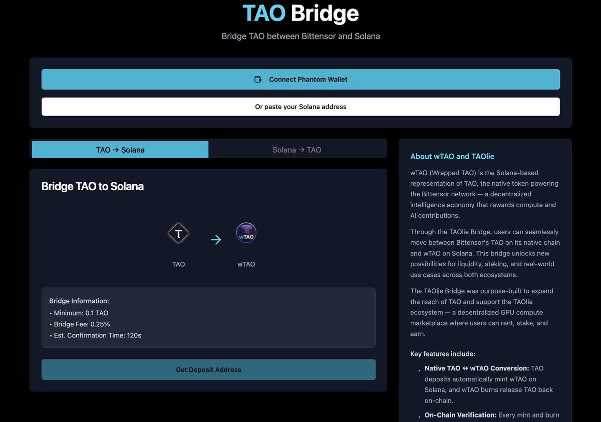 TAOlie_SOL's tweet image. As we prepare to launch TAOlie:Decentralized Compute Marketplace, I realized we needed an EASY way for our Solana based users to bridge their TAO. Allow me to introduce to you, the Solana TAO Bridge, powered by TAOlie! Security Audits are in, release is imminent!

@CountYFI…