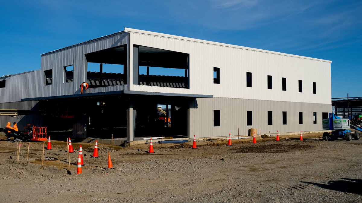 A great view of the offices, with a large conference room on the left. The roof is also mostly complete, so progress on the new campus is on schedule!