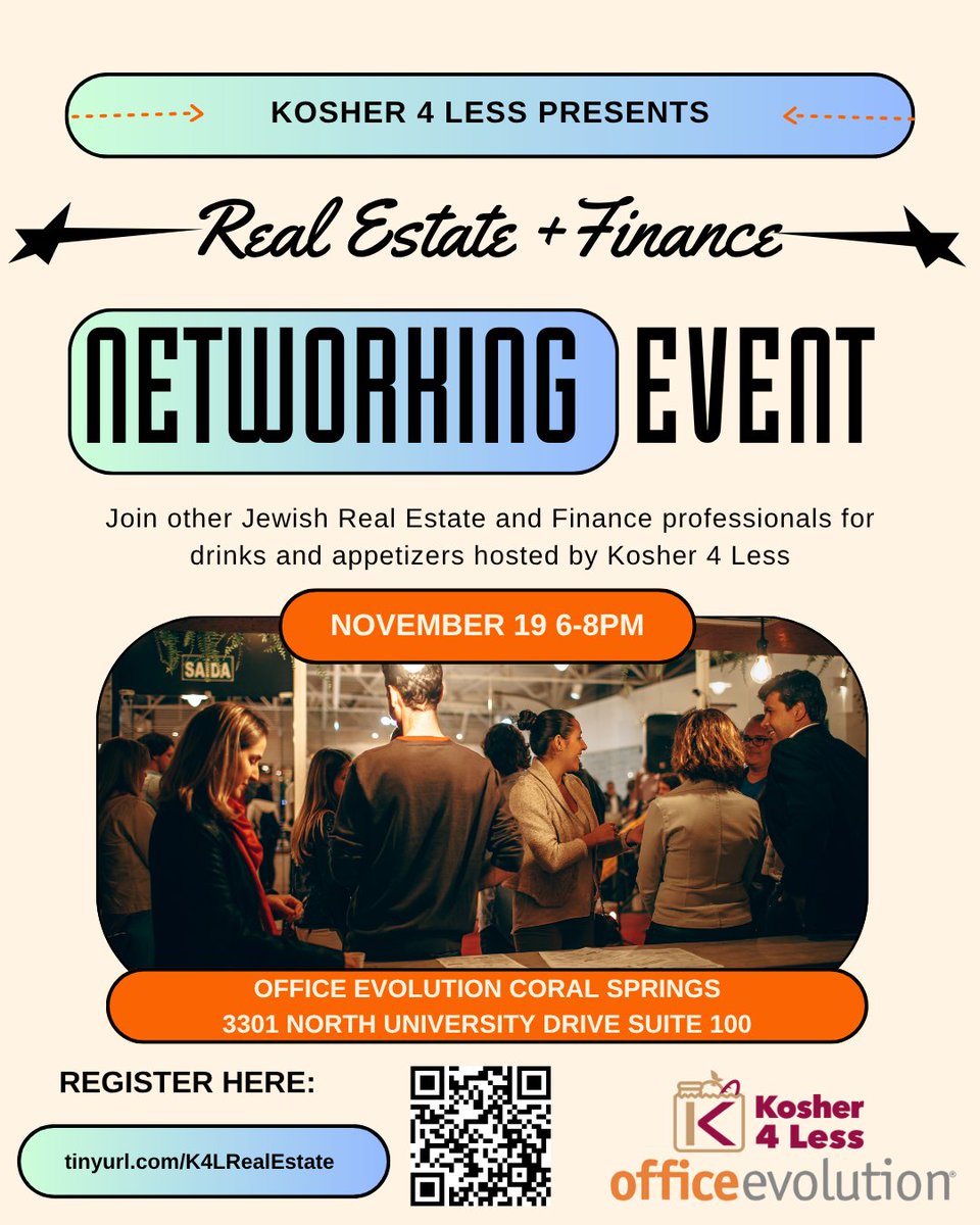 Kosher4Less's tweet image. We’re back this fall with another Jewish Real Estate &amp;amp; Finance Professionals Meet-Up — connecting dealmakers, investors, and community leaders across South Florida.

👉 Sign up (free!) today: 
tinyurl.com/K4LRealEstate