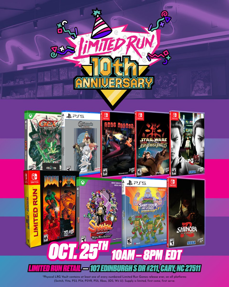 Limited Run Games (@limitedrungames) on Twitter photo Our 10th Anniversary Celebration on Saturday, October 25th at our Cary, NC retail store will feature TONS of all-new exclusive variants - make sure to attend! 
Full details here: bit.ly/4nZMKKI Our 10th Anniversary Celebration on Saturday, October 25th at our Cary, NC retail store will feature TONS of all-new exclusive variants - make sure to attend! 
Full details here: bit.ly/4nZMKKI
