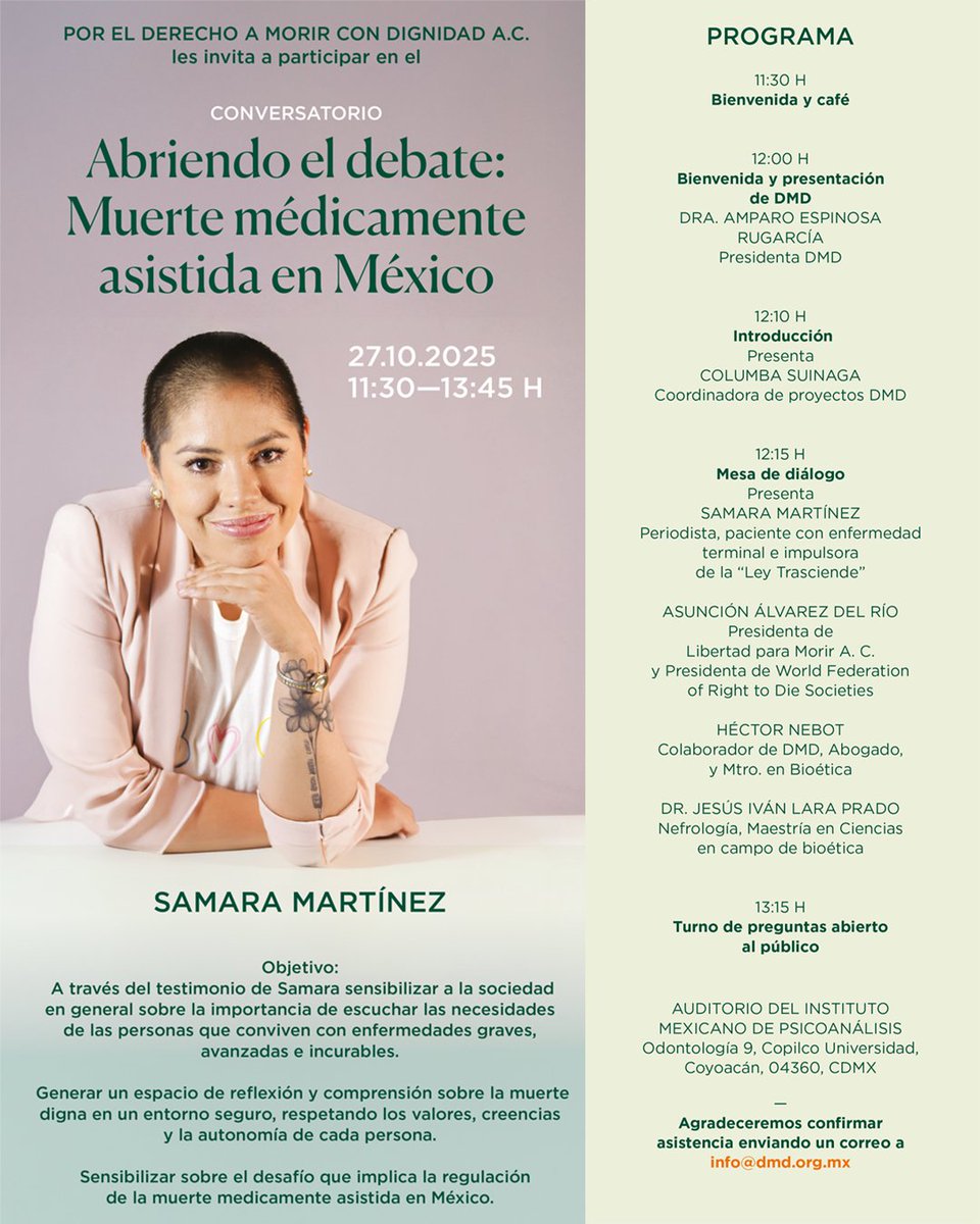 Por el Derecho a Morir con Dignidad, A. C. (DMD) te invita a conocer el testimonio de Samara, una mujer con enfermedad terminal que impulsa la legalización de la muerte médicamente asistida en México.

Registrate para asistir en info@dmd.org.mx