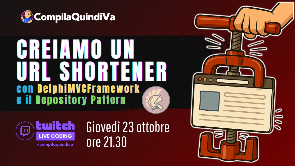 mbreveglieri's tweet image. Hai mai pensato di creare un servizio di URL shortening tutto tuo, tipo Bitly o TinyUrl ma fatto in casa? 😏 Nella prossima live useremo #DelphiMVCFramework e il #Repository #Pattern integrato da poco nella libreria. Ci vediamo giovedì 23/10 alle 21.30! ✨ twitch.tv/compilaquindiva