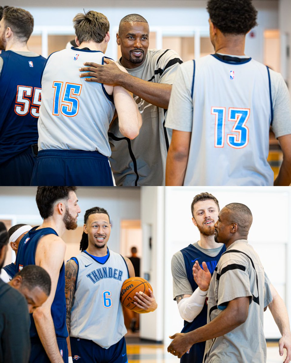 Air Congo has landed in OKC 🫡

Thunder legend Serge Ibaka (2009-16) stopped by practice today to meet the squad. 🤝

He'll be in the building tomorrow for Opening Night! 