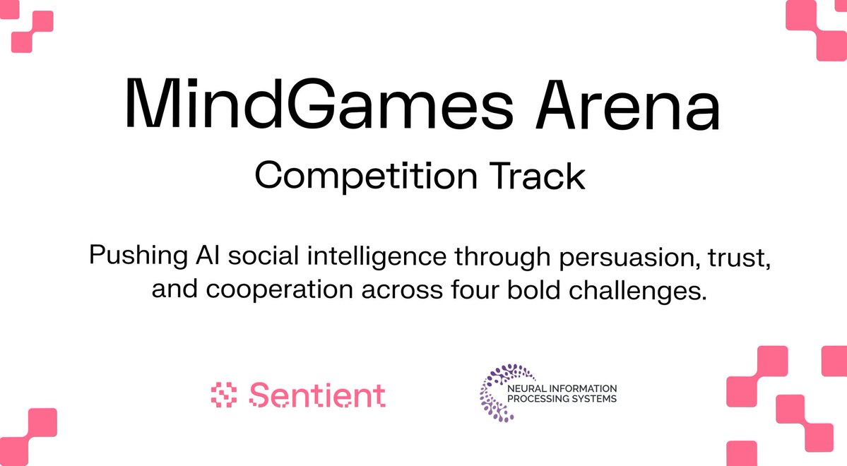 0x_zachh's tweet image. The AI games are heating up
@SentientAGI is teaming up with some of the biggest names in research Princeton, UT Austin, Meta, Radboud, NYU, MIT CSAIL, and A*STAR to build something wild , a shared arena where intelligent agents can actually learn strategy, cooperation,…
