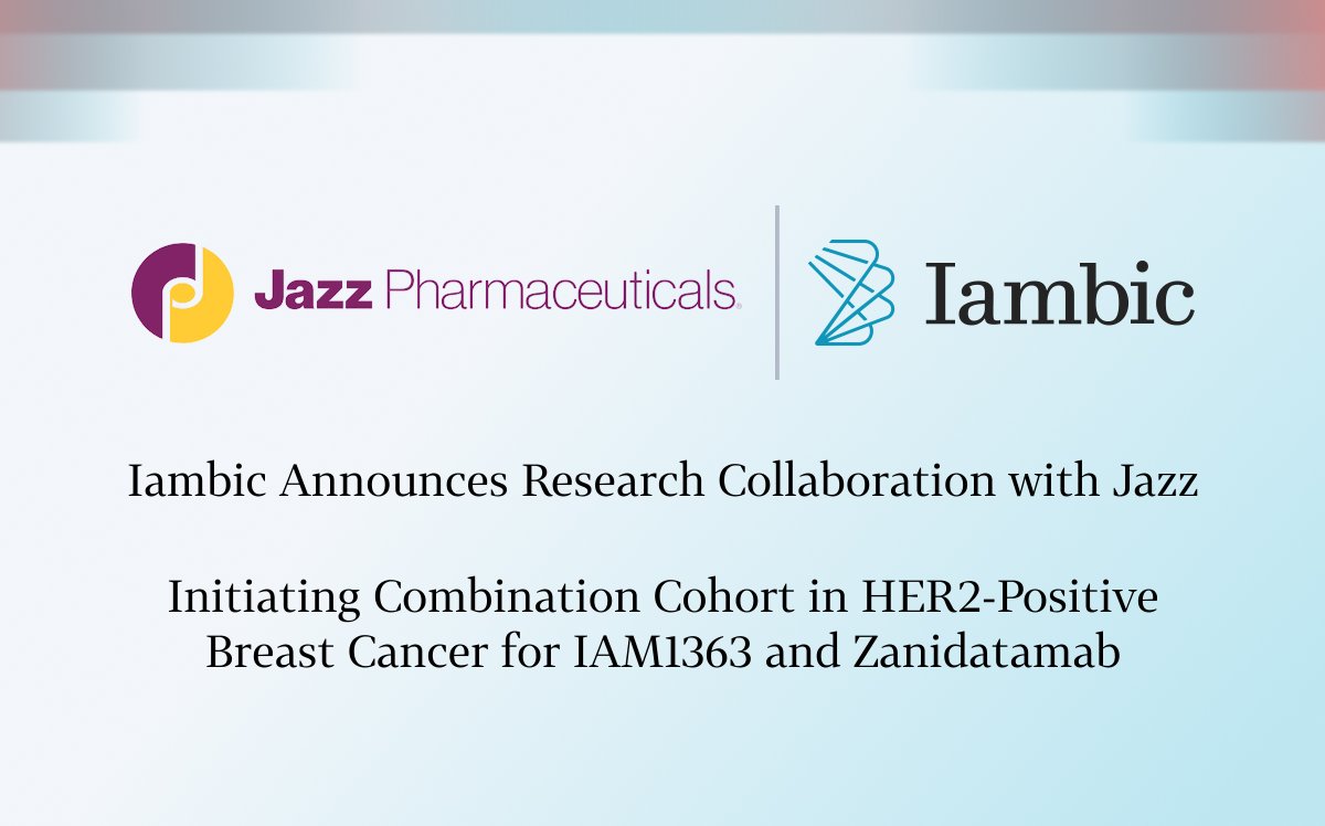 Iambic announces research collab/drug-supply deal with Jazz Pharma. Jazz will supply zanidatamab to combine with IAM1363, our HER2 TKI, for evaluation in HER2+ breast cancer patients previously treated with T-DXd, as part of our P1/1b study of IAM1363. iambic.ai/post/jazz-iam1…