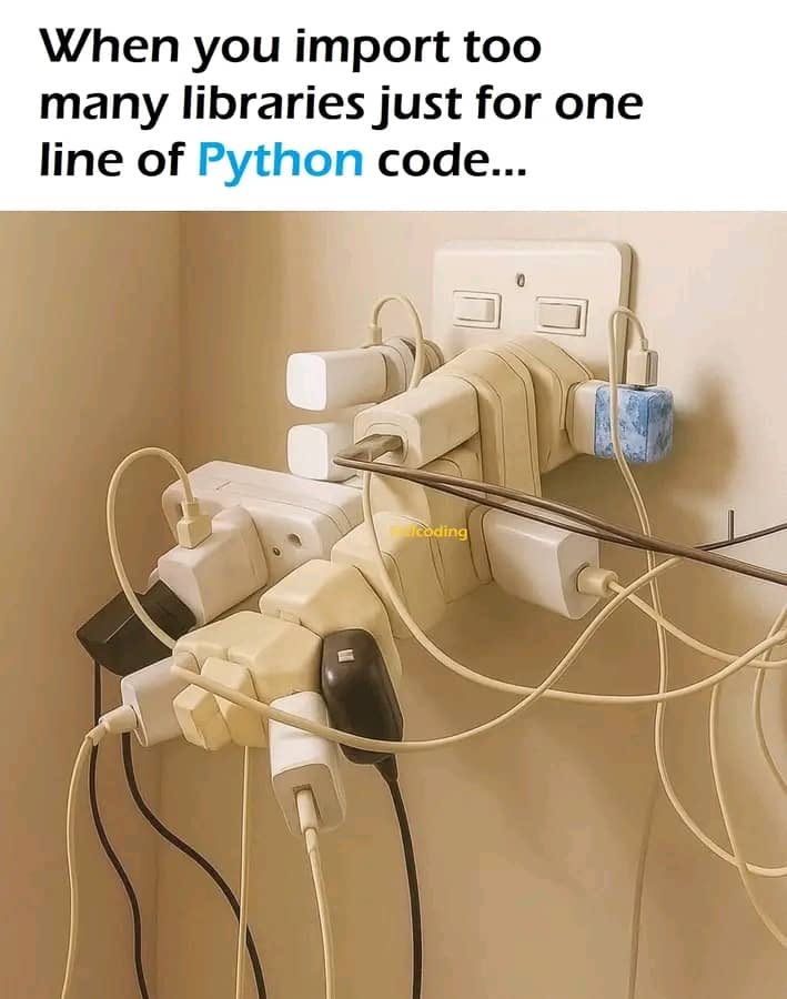 EngrIsaacAbby's tweet image. When you import too many libraries just to run one line of Python code.

💡 Lesson: Always check if you really need that import. Clean and minimal code = easier debugging and faster execution.

Drop a comment with the funniest or most unnecessary import you&apos;ve ever used in your…