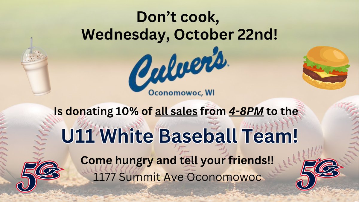 Treat yourself to Culver's TONIGHT to support our U11 White Baseball team!
10% of all sales from 4-8pm will go back to the team.

#OconomowocAreaBaseballClub #fundraising #communitysupport #custardforthewin