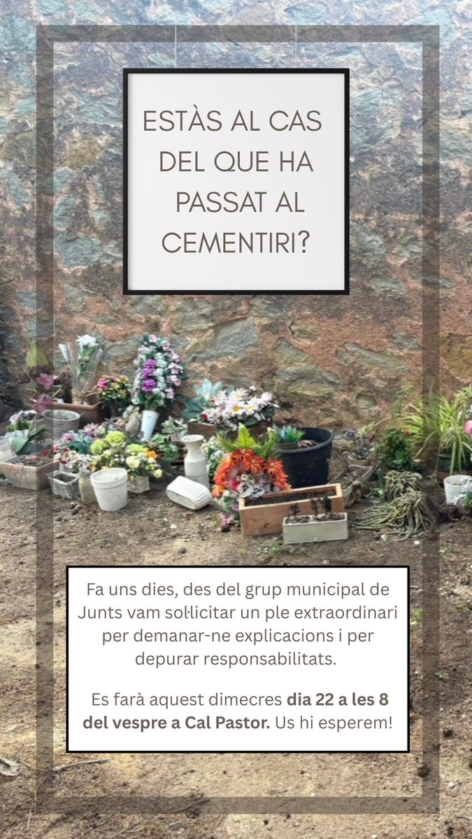 Des de Junts de Seva i Sant Miquel de Balenyà hem sol·licitat un ple per resoldre els fets ocorreguts fa un dies al cementiri municipal de Seva. 

El ple extraordinari es farà aquest dijous 22 d'octubre a les 20h a Cal Pastor, al costat de l'ajuntament. Us hi esperem! 

#Osona